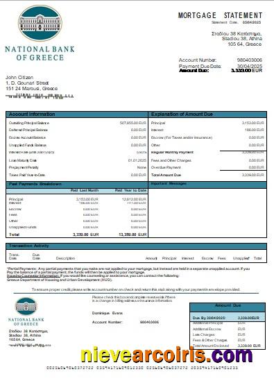 Greece National Bank of Greece bank mortgage statement